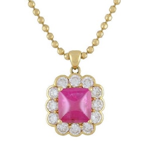 GIA 4.97 ct UnHeated Cabochon Ruby Necklace Halo Diamonds in 18k Yellow Gold