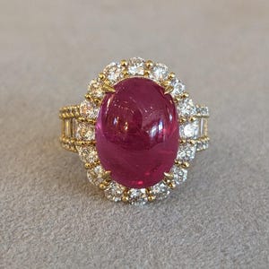 GIA Burma Cabochon Ruby 13.60 ct and Diamond Ring in 18k Yellow Gold - HM2693RB