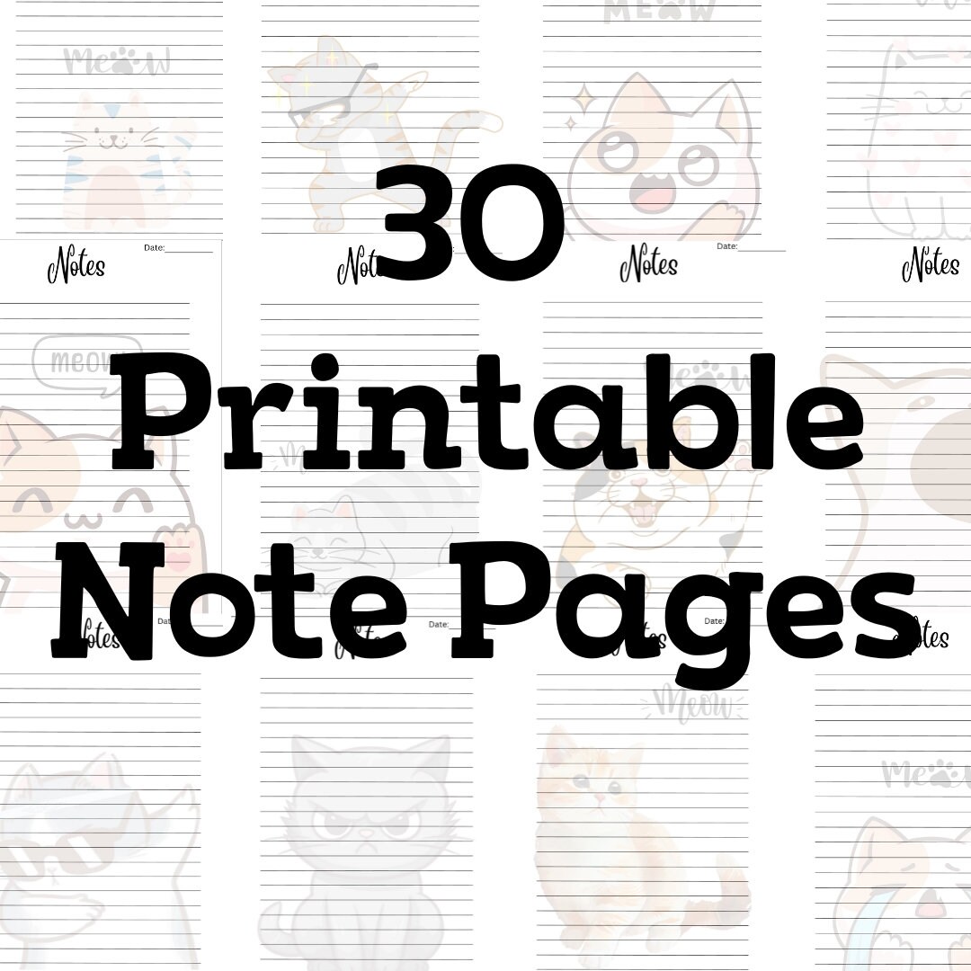 30 Printable Note Pages cat and Cuteness Edition Printable - Etsy