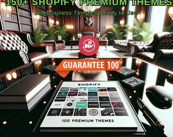 Könnte beinhalten: Ein Schwarzweißbild eines Computerbildschirms, auf dem eine Sammlung von 100 Shopify Premium-Themes angezeigt wird. Der Text "SHOPIFY" und "100 PREMIUM THEMES" ist auf dem Bildschirm sichtbar. Der Bildschirm befindet sich auf einem dunklen Holztisch mit einer schwarzen Maus, einem Stift und einem Taschenrechner.