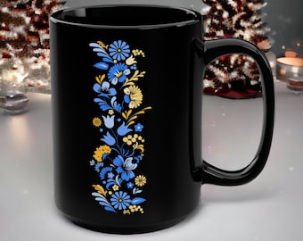 Black Coffee Mug, Blue and yellow, Botanical Tea Cup, Gift For Mom, Ceramic mug, Ukraine folk art, ceramic coffee cup, Ukraine gifts, 15oz