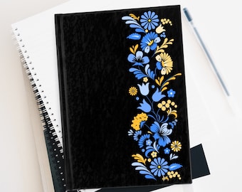 Hardcover Journal with Decorative floral design, Blank Pages, Yellow and Blue Petrykivka design,Sketchbook,Teen gift,Art by Ukrainian artist