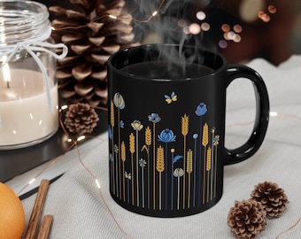 Black Coffee Mug, Blue and yellow, Botanical Tea Cup, Gift For Mom, Ceramic mug, Ukraine folk art, ceramic coffee cup, Ukraine gifts, 11oz