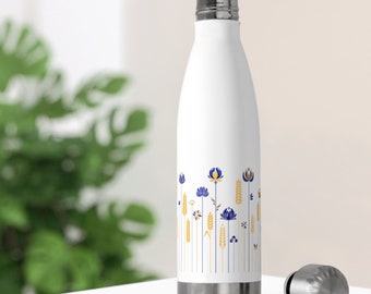 Insulated Bottle, Blue and yellow, Botanical print, Ukraine folk art, Ukraine gift, Petrykivka Style, Gift For Mom, Gift for Teacher, 20 oz