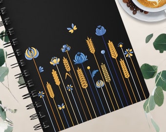 Spiral Bound Journal with Decorative floral design, Lined Pages Notebook, Gratitude Journal, Yellow&Blue Petrykivka design, Ukrainian Seller