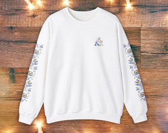 Ukraine Crewneck Sweatshirt, Petrykivka ornament, Sleeves Print, Ukrainian traditional design, Ukraine Flag, Support Ukraine, Ukrainian Gift