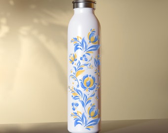 Slim Water Bottle, Blue and yellow, Botanical print, Ukraine folk art, Ukraine gift, Petrykivka Style, Gift For Mom, Gift for Teacher, 20 oz