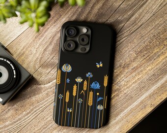 Slim Phone Case with a chic floral pattern of decorative flowers and wheat