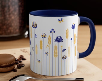 Floral Coffee Mug, Blue and yellow, Botanical Tea Cup, Gift For Mom, Ceramic mug, Ukraine folk art, ceramic coffee cup, Ukraine gifts, 11oz