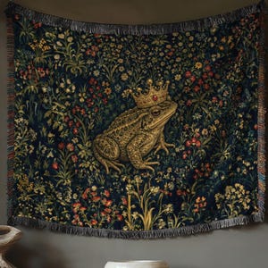 Large Medieval Toad Tapestry, Frog Prince, Antique Blanket, Nursery Wall Hanging, Moody Castle Decor
