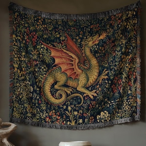 Large Medieval Dragon Tapestry, Moody Blanket, Antique Aesthetic, Wall Hanging