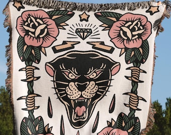 Panther Woven Blanket, Tattoo Aesthetic, Couch Throw, Picnic Blanket, Woven Blanket, Tapestry Blanket, Wall Hanging, Vintage Rock Band