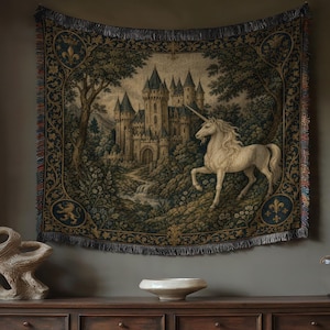 Unicorn Medieval Tapestry, Large Castle Blanket, Wall Hanging, Moody Castle Decor