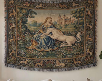 Medieval Tapestry Large Tapestry Maiden Unicorn Blanket Antique Aesthetic Renaissance Tapestry Wall Hanging Moody Castle Decor