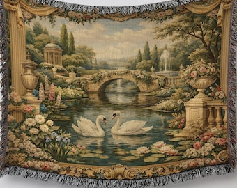 French Tapestry Large Tapestry Swan Floral Blanket Antique Aesthetic Renaissance Tapestry Wall Hanging Garden Decor