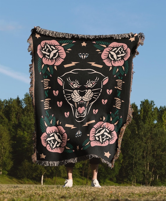 Panther Woven Blanket, Tattoo Aesthetic, Couch Throw, Picnic Blanket, Woven Blanket, Tapestry Blanket, Wall Hanging, Vintage Rock Band