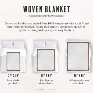 May include: A woven blanket size guide featuring three rectangular blankets with fringe edges. Text includes WOVEN BLANKET, Standard queen size bed for reference, and sizes 37" x 52", 50" x 60", and 60" x 80" labeled for baby, kids, and queen beds.
