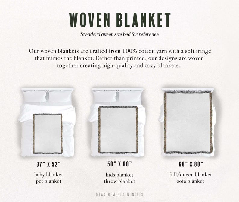 May include: A woven blanket size guide featuring three rectangular blankets with fringe edges. Text includes WOVEN BLANKET, Standard queen size bed for reference, and sizes 37" x 52", 50" x 60", and 60" x 80" labeled for baby, kids, and queen beds.