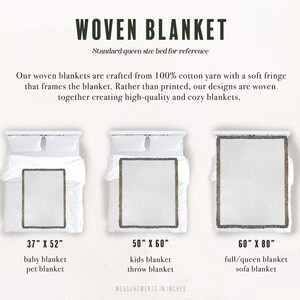 May include: A woven blanket size guide featuring three rectangular blankets with fringe edges. Text includes WOVEN BLANKET, Standard queen size bed for reference, and sizes 37" x 52", 50" x 60", and 60" x 80" labeled for baby, kids, and queen beds.