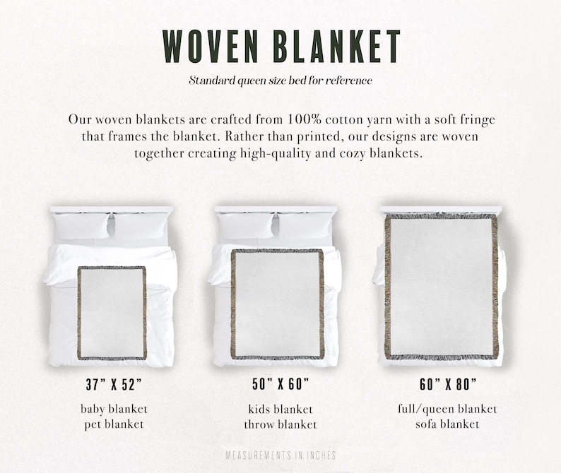May include: A woven blanket size guide featuring three rectangular blankets with fringe edges. Text includes WOVEN BLANKET, Standard queen size bed for reference, and sizes 37" x 52", 50" x 60", and 60" x 80" labeled for baby, kids, and queen beds.