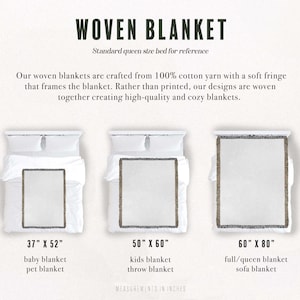 May include: A woven blanket size guide featuring three rectangular blankets with fringe edges. Text includes WOVEN BLANKET, Standard queen size bed for reference, and sizes 37" x 52", 50" x 60", and 60" x 80" labeled for baby, kids, and queen beds.