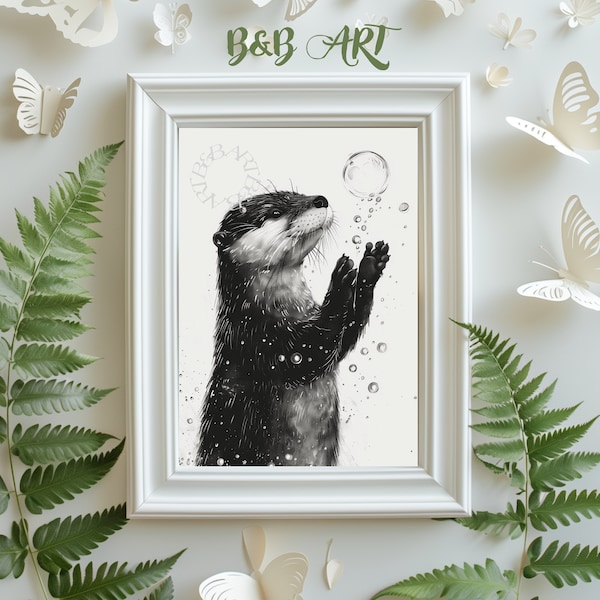 Charming Otter Wall Art Joyful Black and White Post Modern Otter Illustration Download