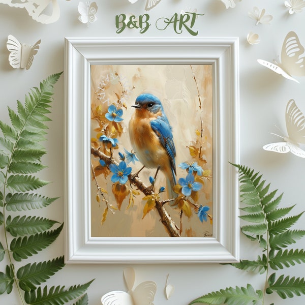 PRINTABLE Blue bird Oil Painting Delicate Perched Bird with Blue Blossoms Textured Nature Artwork for Home Decor