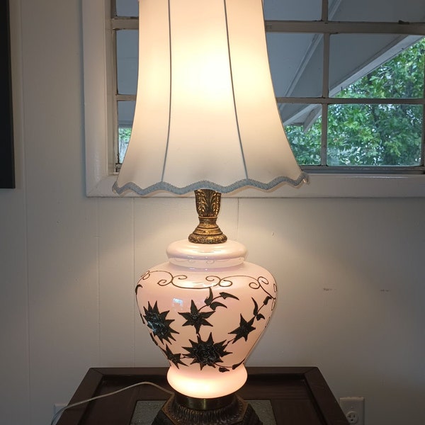 Price Reduced! Rare Vintage Carl Falkenstein Iridescent Glass with Applied Bronze Star Flower Large MCM Lamp