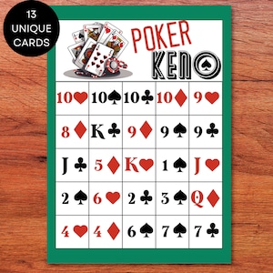 Tarjetas Keno de póquer imprimibles, tarjetas PO-KE-NO, tarjetas Pokeno imprimibles, tarjetas de bingo de póquer únicas, juego Pokeno imprimible, tarjetas de bingo de póquer