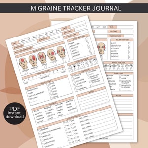 Op de afbeelding: Een printbaar migraine-volgschema met een witte achtergrond en zwarte tekst. Het schema bevat secties voor het bijhouden van de pijnlocatie, medicatie, triggers, symptomen en stemming. Het schema bevat ook een sectie voor het bijhouden van dagelijkse activiteiten.