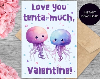 Carte de méduses, carte de Saint-Valentin mignonne, carte de Saint-Valentin mignonne, carte d’amour drôle, Saint-Valentin pour enfants, carte imprimable de méduses, carte d’amour mignonne