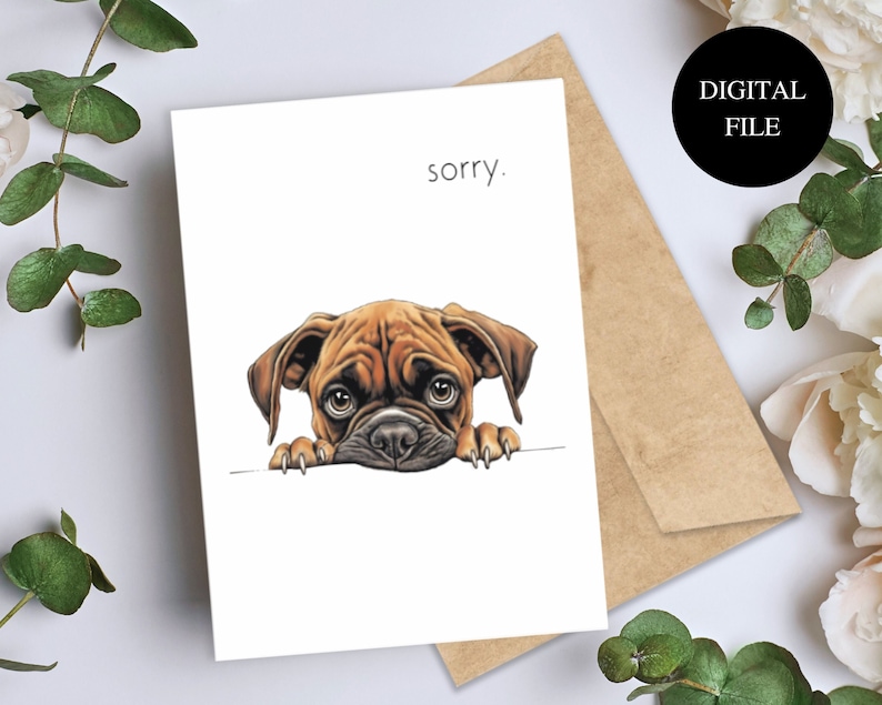 Sorry sad puppy in an apologies card.  A word sorry above the puppy.