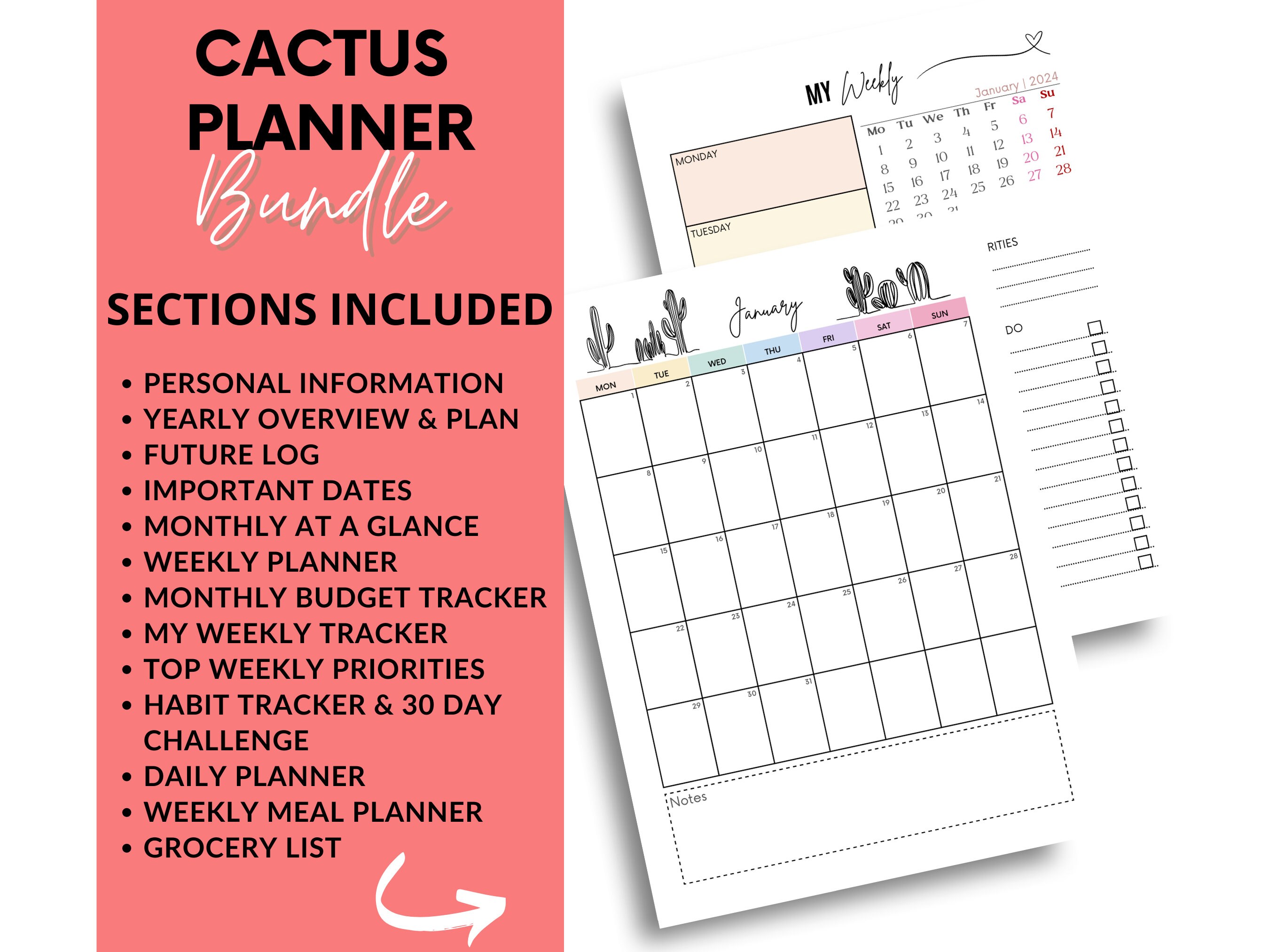 Cactus Planner 2024, Printable Bundle Monthly Weekly Daily Planner, Happy Planner, Cactus Themed ...