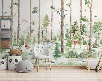 Wallpaper Peel and Stick Nursery , Cute Animals Jungle Wall Mural ,Watercolor Kids Fores