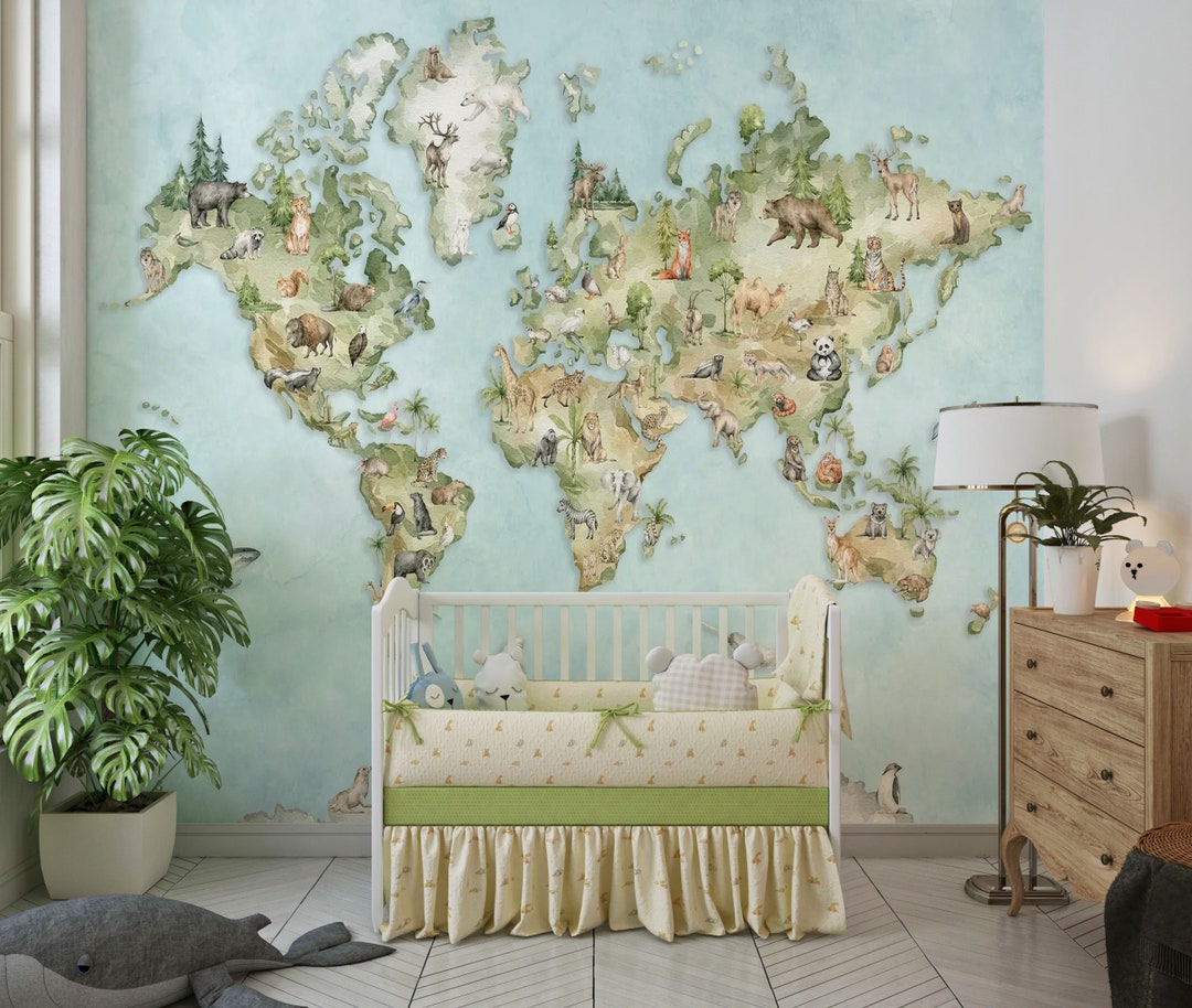 Cute Animals World Map Wall Mural Educational Animal World Map Peel and