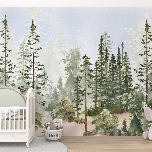 Peel and Stick Pine Tree Wallpaper - Aquarel Woodland Decal voor kinderkamerinrichting - Aanpasbare maten en kleuren