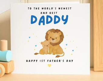 Personalized First Father's Day Card from Baby, 1st Father's Day Card for Daddy, Cute Lion Dad and Cub Greeting Card