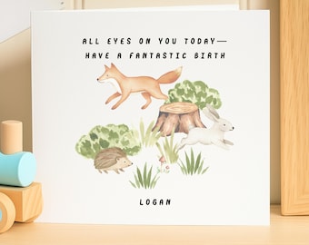 Tarjeta de cumpleaños personalizada con temática de bosque para niños, tarjeta personalizada con nombre y animales del bosque, lindo regalo de cumpleaños de zorro y conejo, naturaleza caprichosa