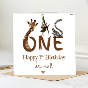 Carte de 1er anniversaire personnalisée, carte pour petit-fils, carte pour enfant d'un an, carte de premier anniversaire, carte pour fils, neveu, safari, jungle, 6 x 6