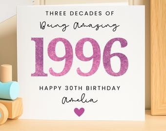 Personalised 30th Birthday Card For Her, 1996 Year Born Birthday Card, Glitter Milestone Card, Custom Name Gift, Elegant 30th Card