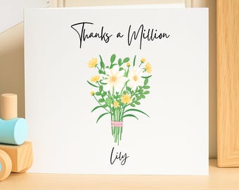 Tarjeta de agradecimiento personalizada "Un millón de gracias", tarjeta de felicitación floral con nombre personalizado, regalo de agradecimiento con ramo para maestra, amiga o dama de honor.