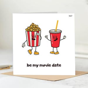 Tarjeta de felicitación "¿Irás al cine conmigo?" / Ideal para aniversario, San Valentín o cualquier cita para ver una película / Incluye sobre de 15x15 cm