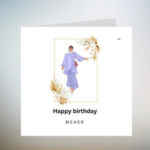 Cartão de feliz aniversário feminino hijabi muçulmano moderno e elegante personalizado, cartão de felicitações islâmico feito à mão cartão de aniversário feminino muçulmano 6x6