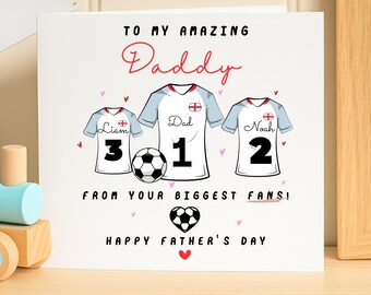 Gepersonaliseerde vaderdagkaart Engeland voetbal voor papa, aangepaste voetbalshirtkaart van kinderen, kaart grootste fans, vader Liam Noah-teamcadeau