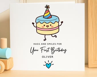 Personalisierte erste Geburtstagskarte, 1. Geburtstagskarte für Jungen, Baby erste Geburtstagsgeschenk, süße Kuchenkarte, benutzerdefinierte Namenskarte, erster Geburtstag