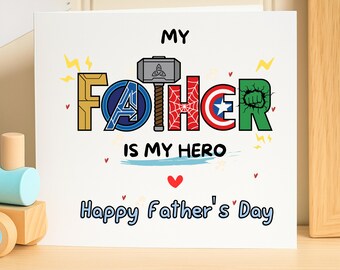 Tarjeta del Día del Padre "Mi Padre es mi héroe", Tarjeta de felicitación para papá superhéroe, Tarjeta estilo cómic para papá, Regalo genial de superpapá de parte de su hijo o hija.