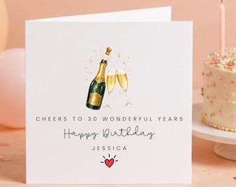 Personalised 30th Birthday Card, Champagne Cheers to 30 Years Card, Custom Name Birthday Card for Her, Thirty Birthday Greeting Card