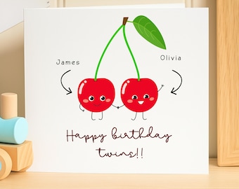 Personalisierte Geburtstagskarte für Zwillinge, benutzerdefinierte Name Cherry Grußkarte für Zwillinge, Zwillingsmädchen, Jungen, niedliche Geburtstagskarte für zwei