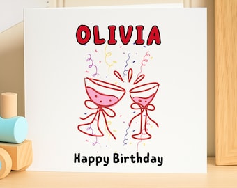 Personalized Happy Birthday Card for Her, Custom Name Greeting Card, Pink Wine Glasses Cheers Birthday Card for Sister, Daughter, Olivia