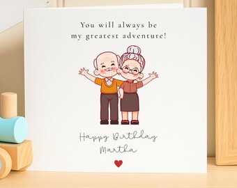 Tarjeta de cumpleaños personalizada para esposa, tarjeta de aniversario de la mayor aventura, tarjeta con nombre personalizado para esposo, tarjeta con ilustración de pareja adorable